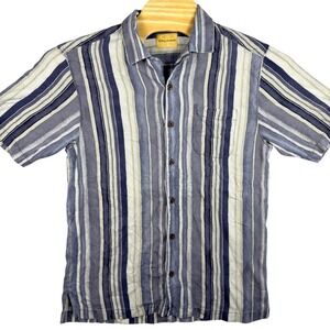 Tommy Bahama Mens S Silk Button Up Shirt Blue Striped Leaf Loop Collar Vacation